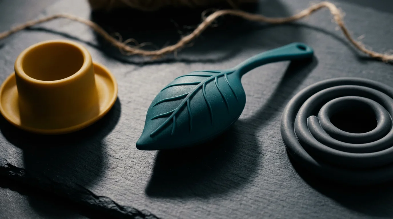 A close-up of small, colorful silicone kitchen gadgets arranged on a dark slate surface.