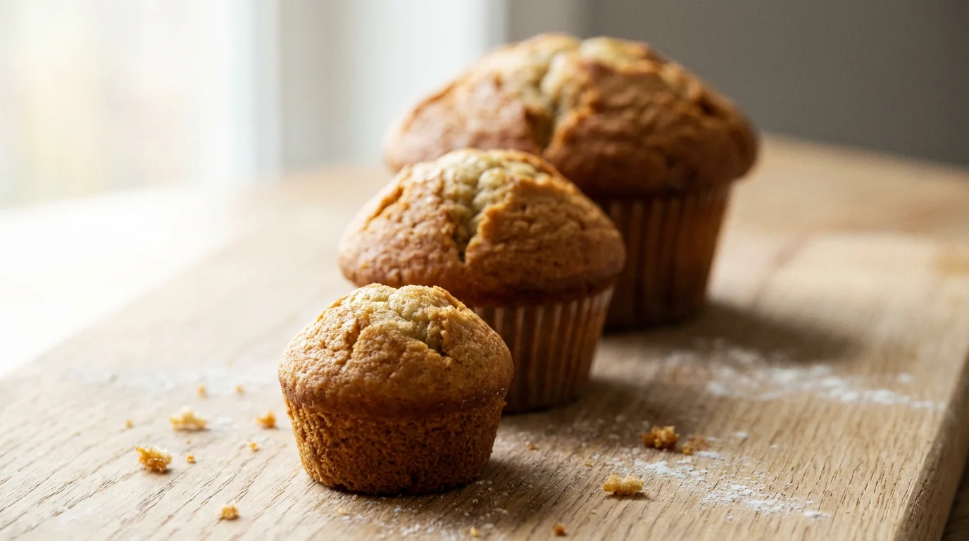 A close-up of three different sized muffins—mini, standard, and jumbo—on a wooden board.