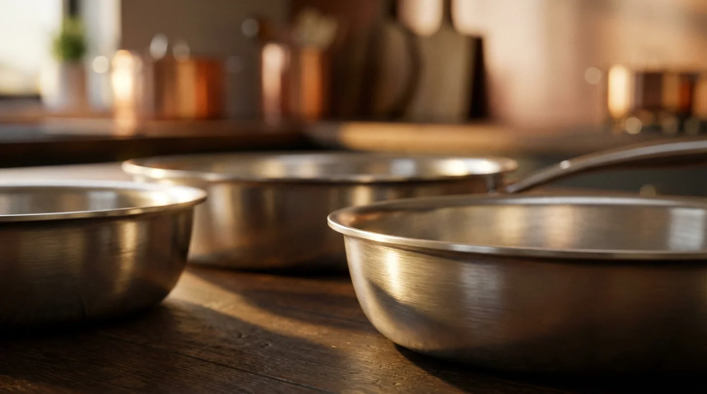 A close-up of three different-sized stainless steel saucepans lined up during golden hour.