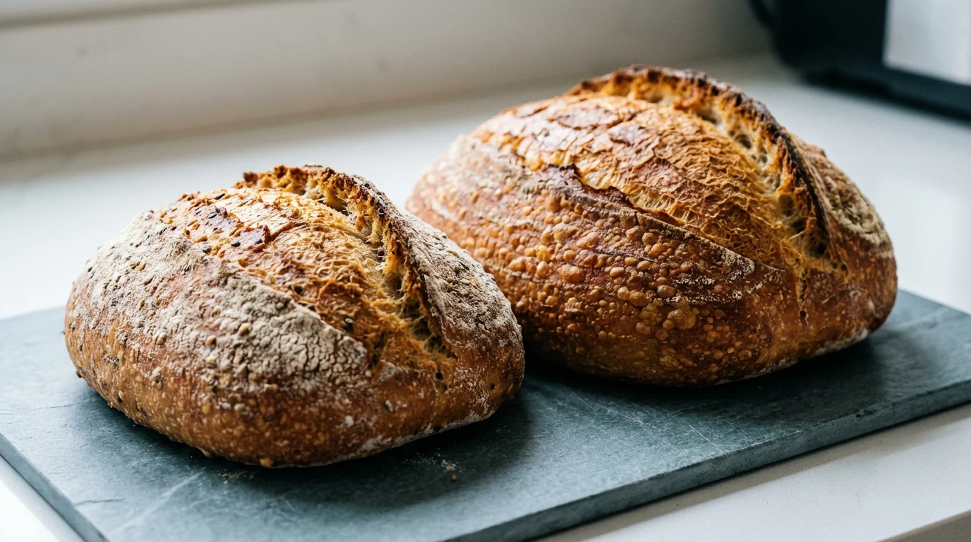 A close-up of two different-sized homemade bread loaves placed side-by-side on a slate board.