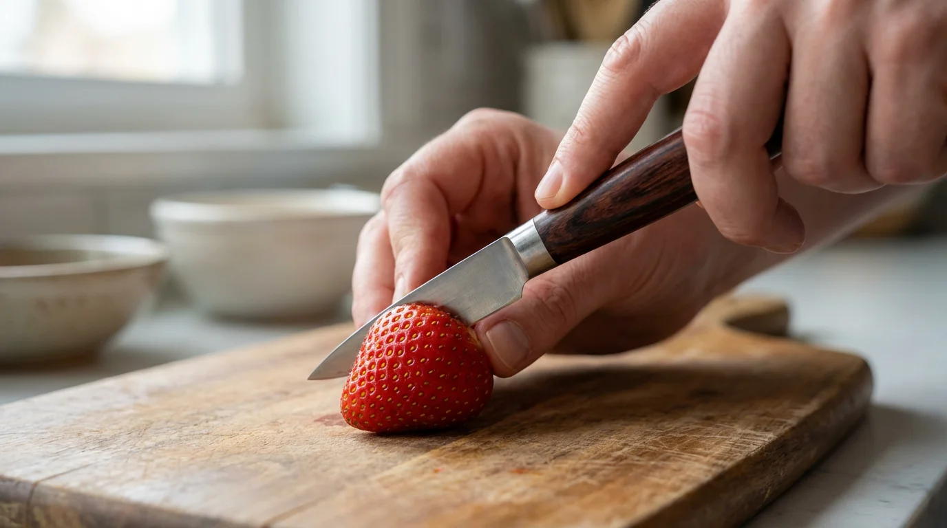 A close-up photo of a hand using a paring knife to hull a strawberry.