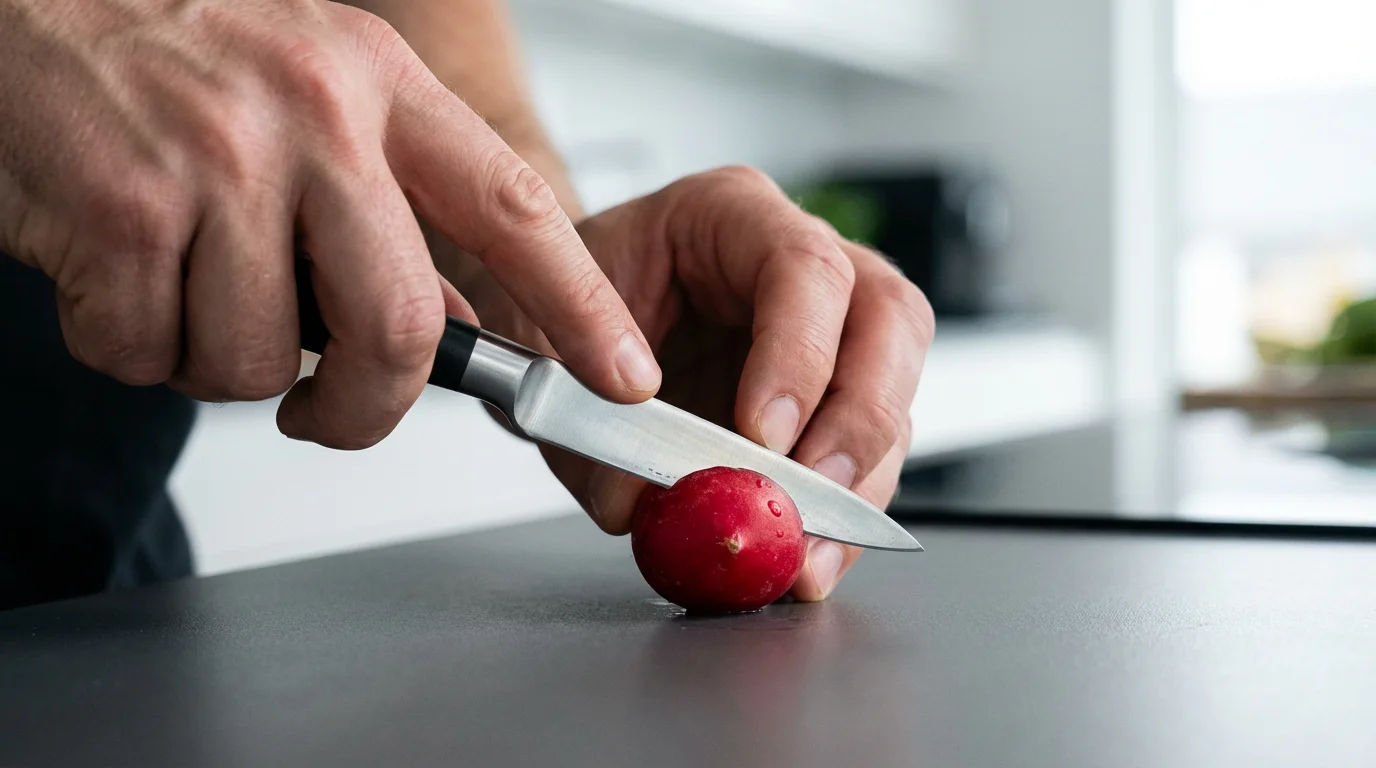 A close-up photo of hands holding a paring knife, carving a decorative pattern into a radish.