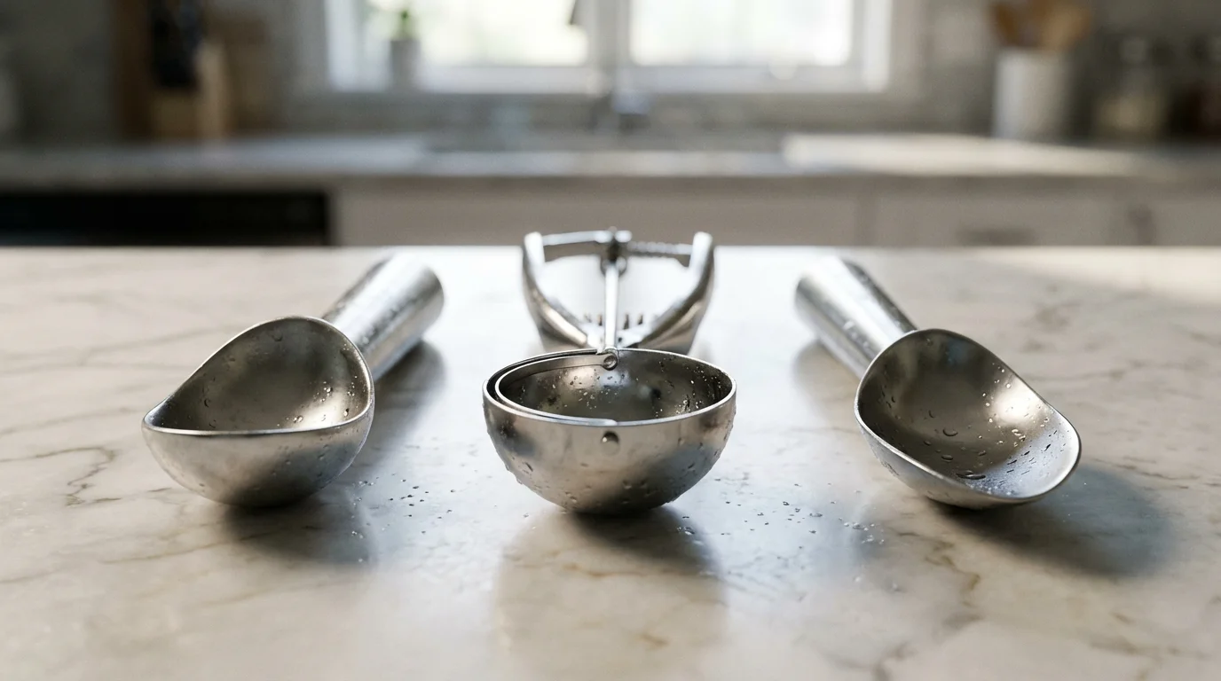 A close-up photo of three different types of ice cream scoops on a countertop.
