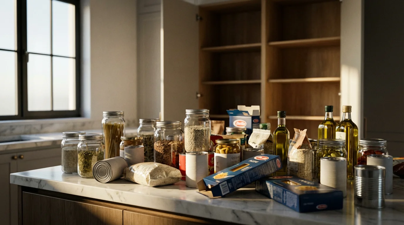 A cluttered kitchen counter filled with pantry items ready for decluttering and organization.