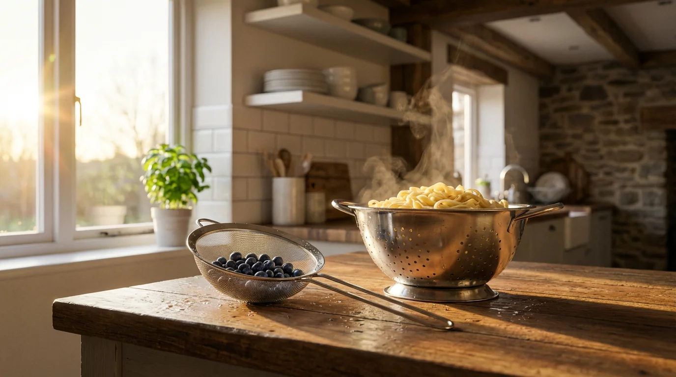 A colander with pasta and a strainer with berries on a sunlit kitchen counter.