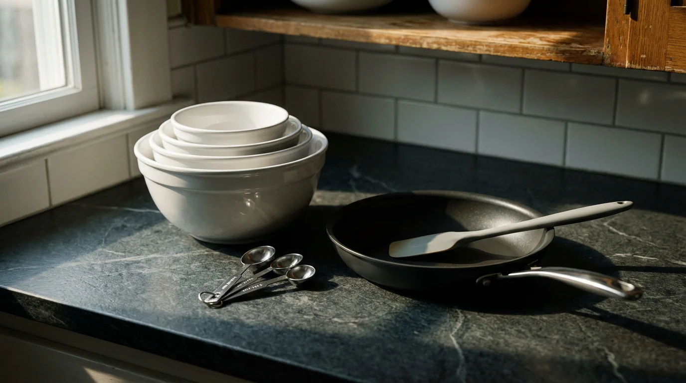 A collection of affordable kitchen essentials on a countertop in moody afternoon light.
