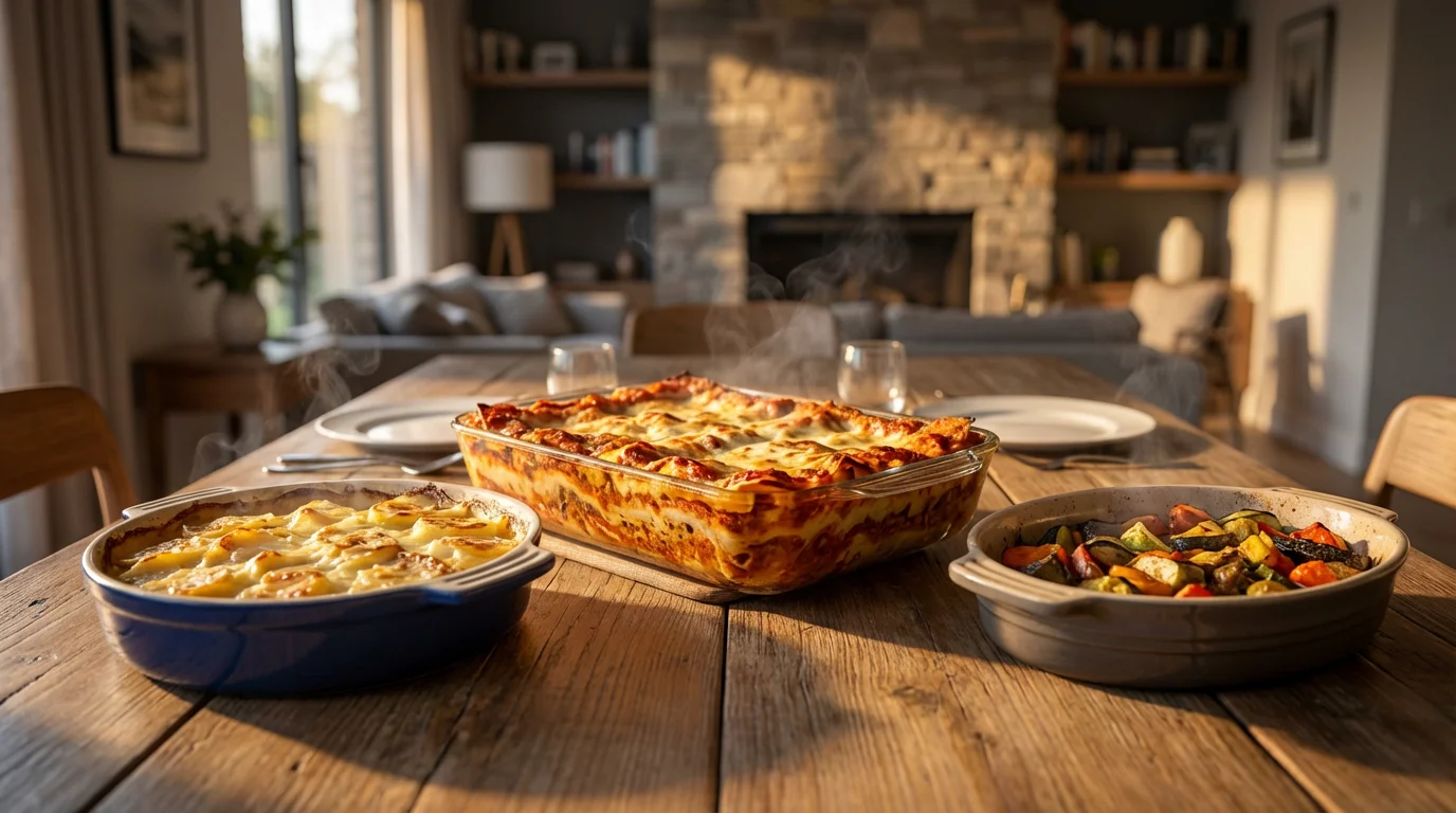 A collection of different casserole dishes filled with food on a dining table during golden hour.