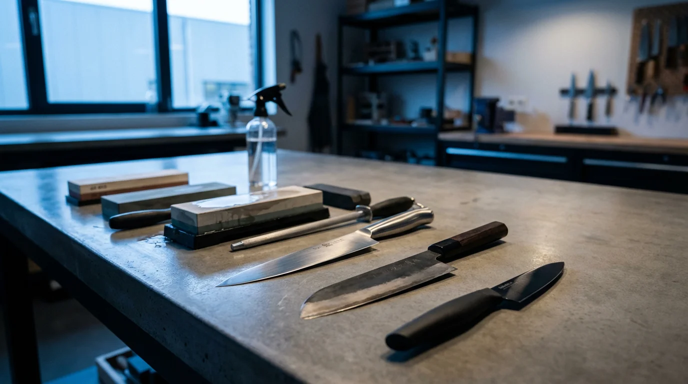 A collection of different kitchen knife blades and sharpening stones on a workshop bench.