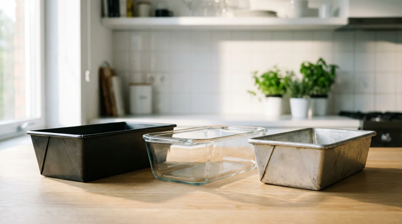 A collection of different loaf pans made of metal, glass, and aluminum on a counter.