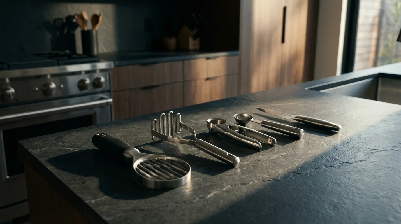 A collection of durable stainless steel avocado tools on a dark slate kitchen countertop.
