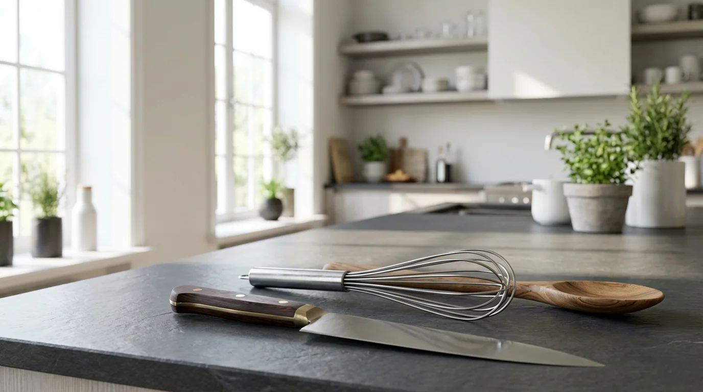 A collection of high-quality kitchen tools, including a chef's knife, on a slate countertop.