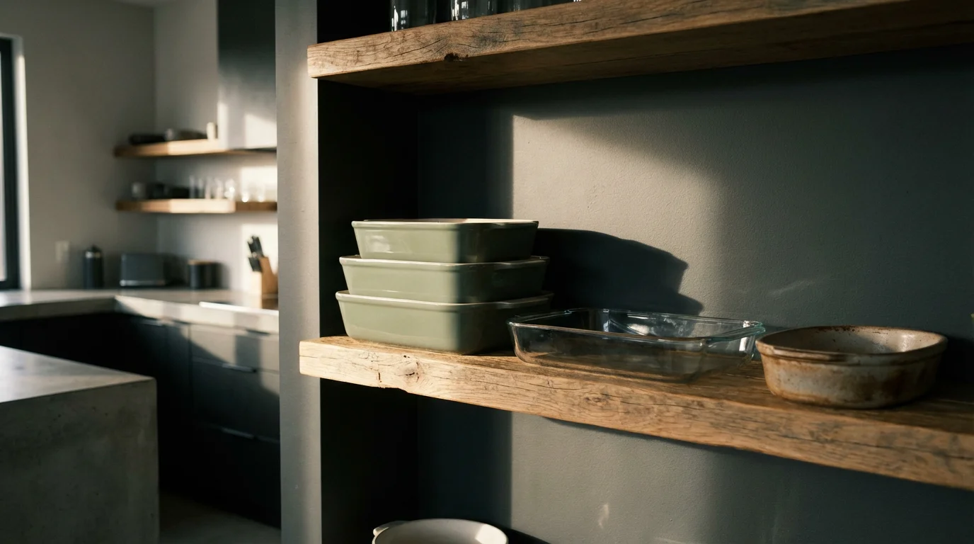 A collection of various ceramic and glass casserole dishes on modern kitchen shelving.