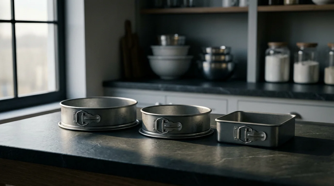 A collection of various sized and shaped springform pans on a dark kitchen countertop.
