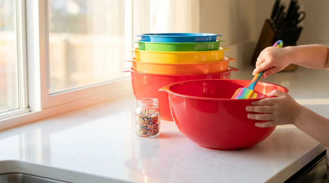 A colorful nested set of plastic mixing bowls on a clean white kitchen counter.