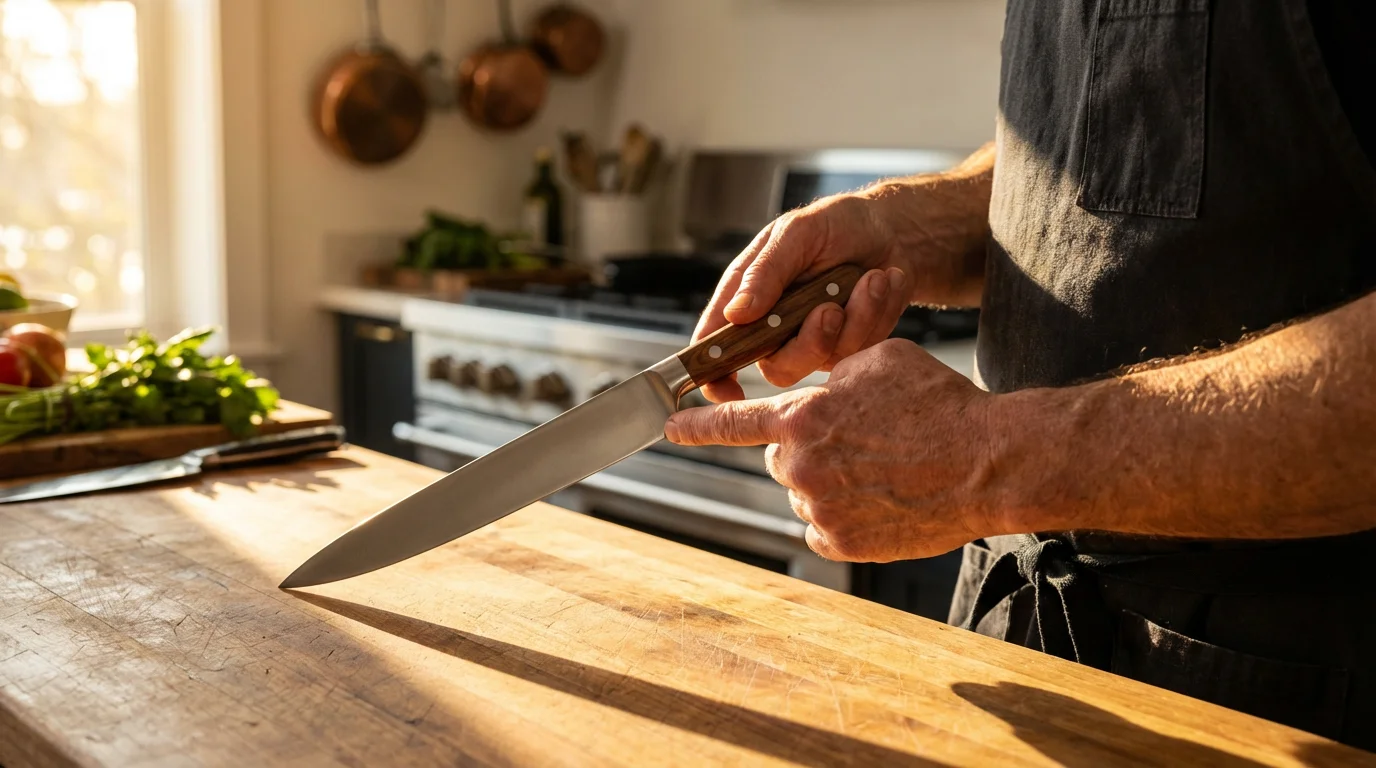 A cook's hands balancing a professional chef's knife on an index finger in a kitchen.