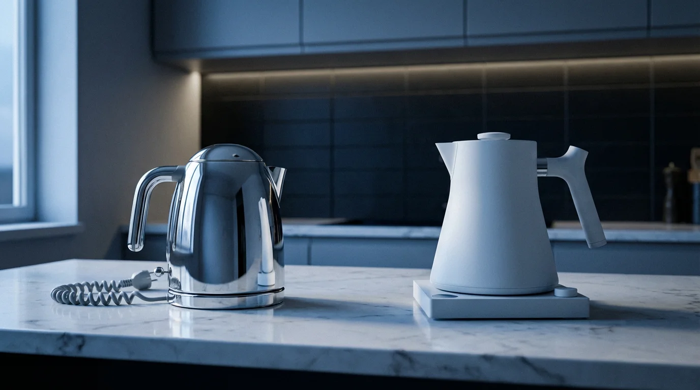 A corded chrome kettle and a cordless white kettle side-by-side on a kitchen counter.