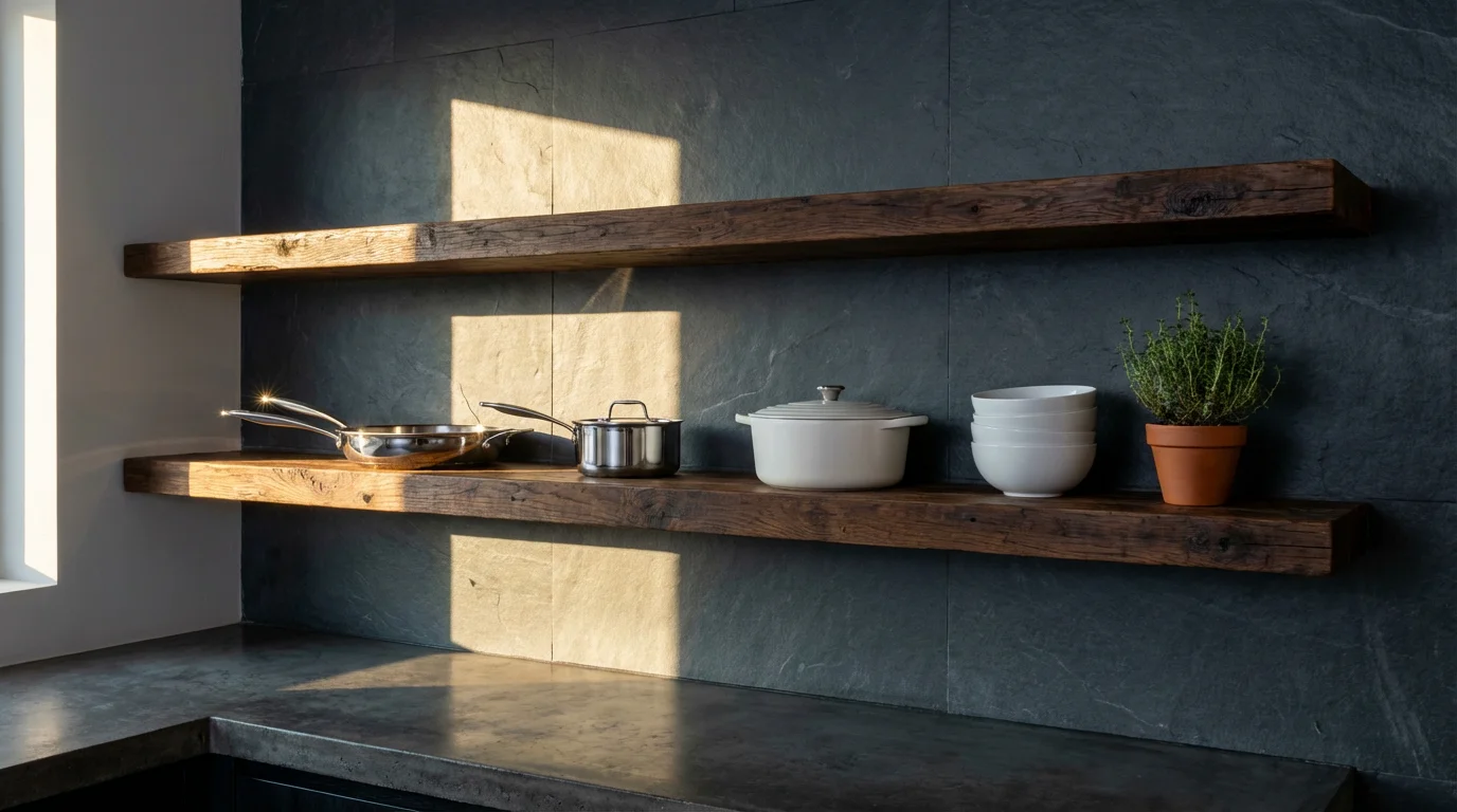 A curated set of quality budget cookware on dark wood open shelving in a kitchen.