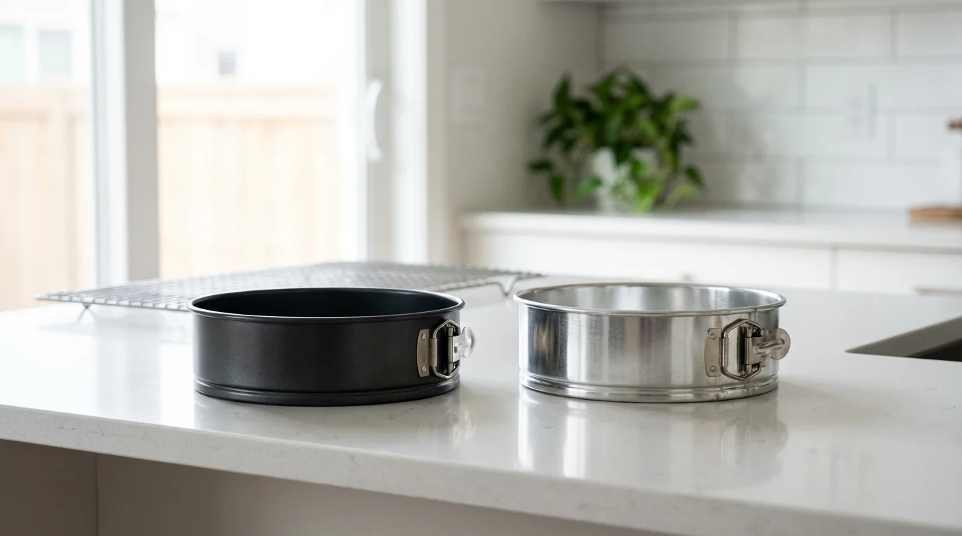 A dark carbon steel and a light aluminum springform pan on a kitchen counter.
