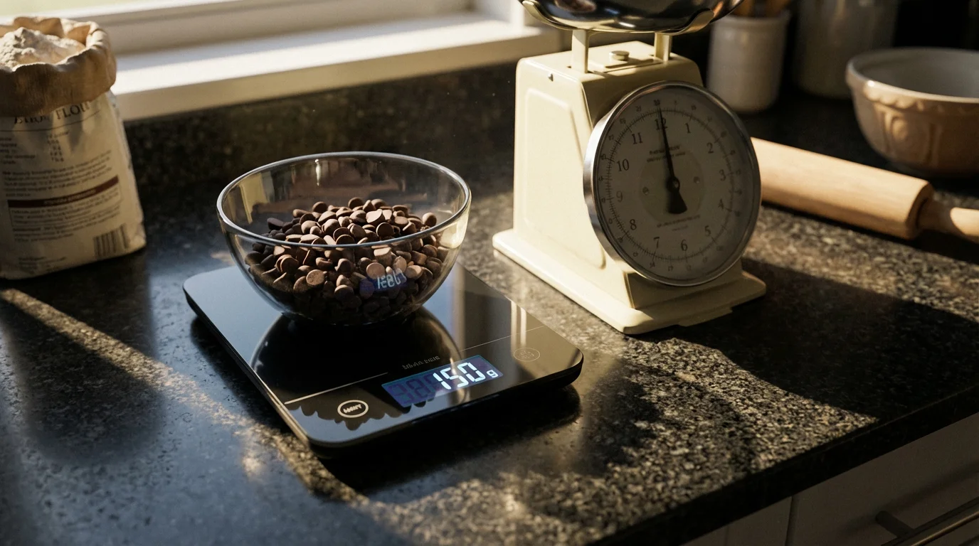 A digital kitchen scale and an analog scale side-by-side on a sunlit counter.