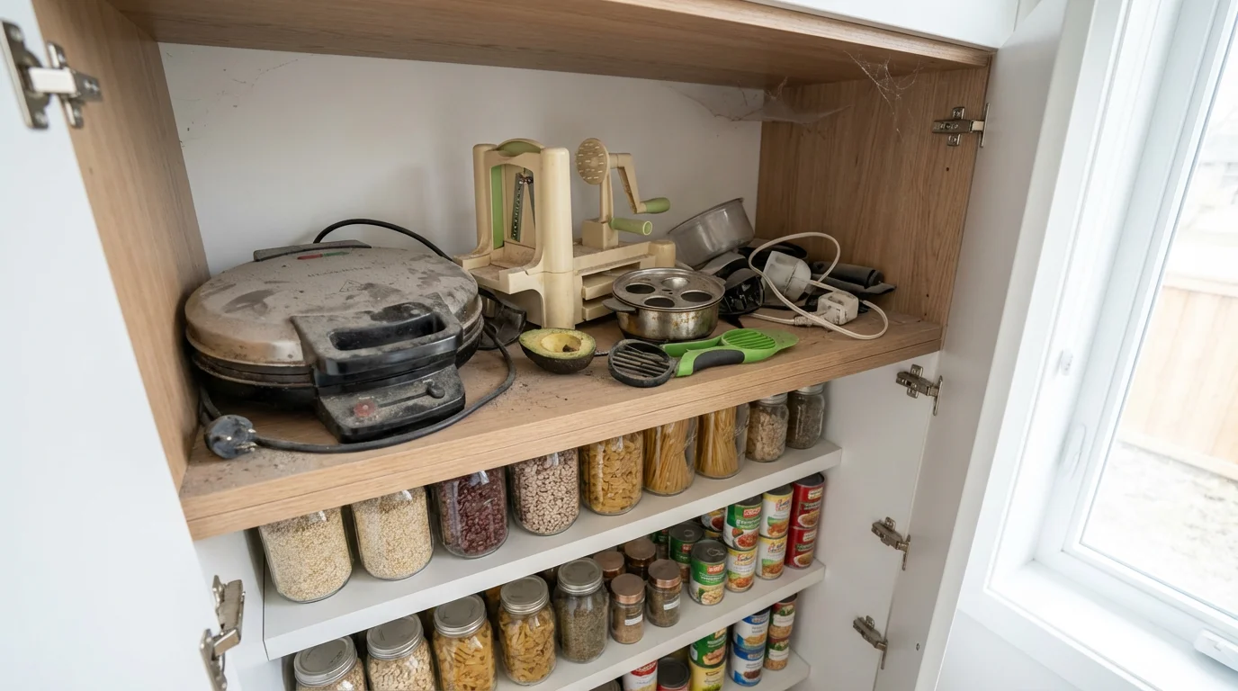 A dusty, cluttered top shelf in a kitchen pantry filled with unused kitchen gadgets.