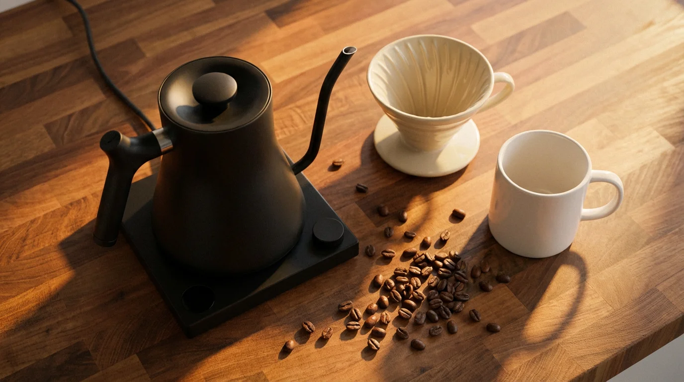 A flat lay of a black electric kettle, coffee dripper, and mug during golden hour.