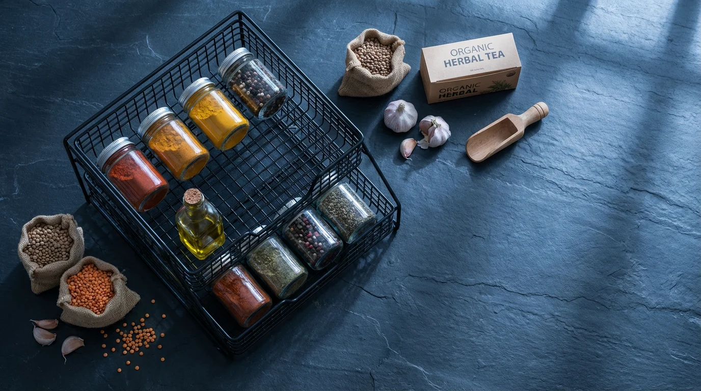 A flat lay of a black over-the-door organizer with spices and pantry items.