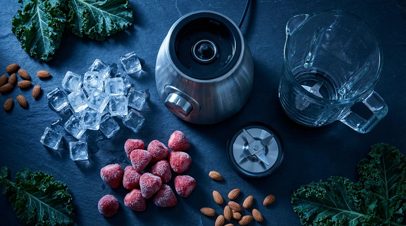 A flat lay of a disassembled blender, ice cubes, and frozen fruit at blue hour.