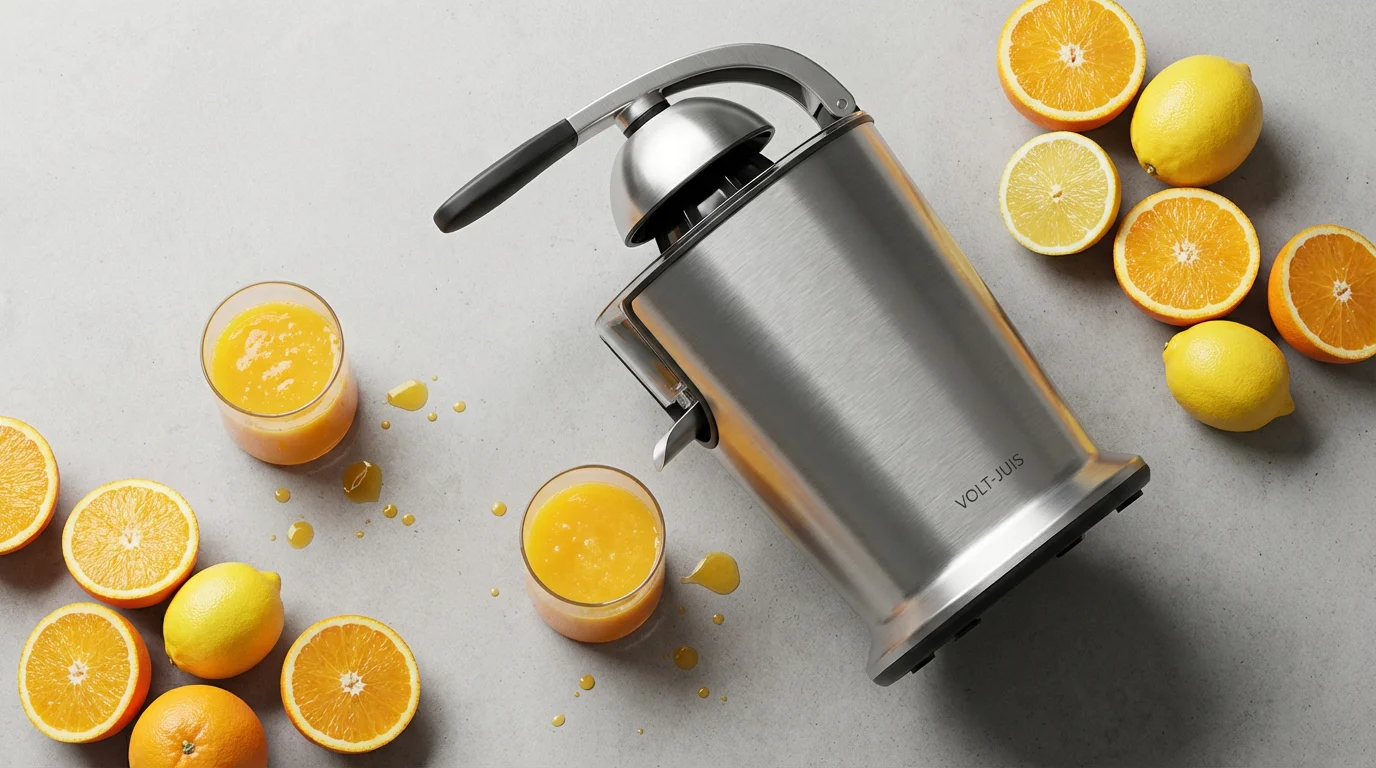 A flat lay of a modern electric citrus juicer surrounded by oranges and fresh juice.