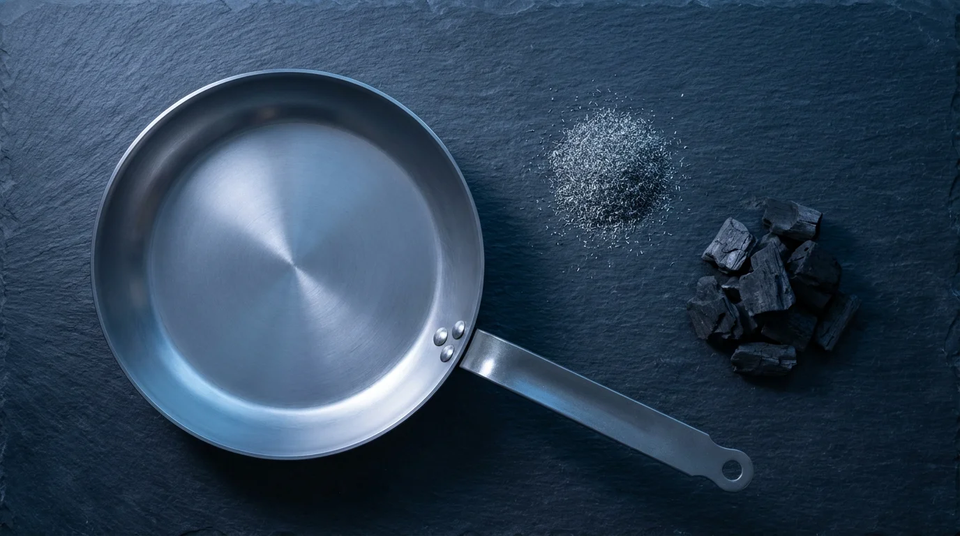 A flat lay of a new carbon steel pan next to piles of raw iron and carbon.