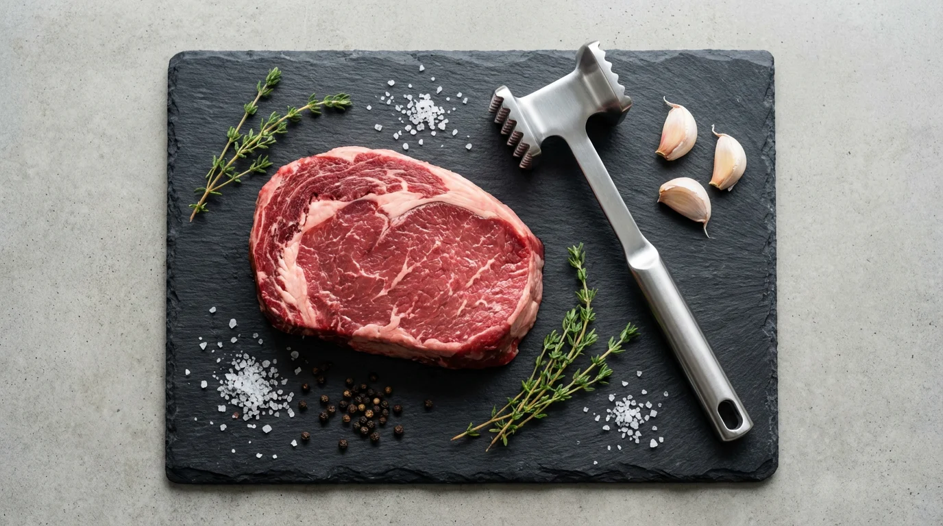 A flat lay of a raw sirloin steak with a blade tenderizer and herbs.