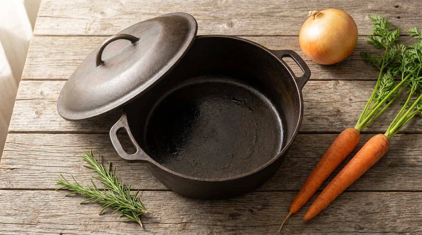 A flat lay of a seasoned bare cast iron Dutch oven with fresh vegetables on a wooden table.