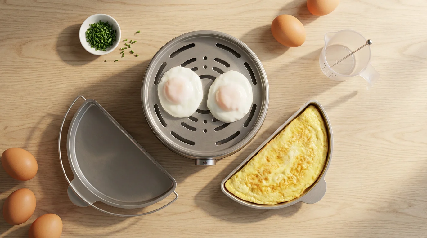 A flat lay of an egg cooker's accessories, including poaching and omelet trays.