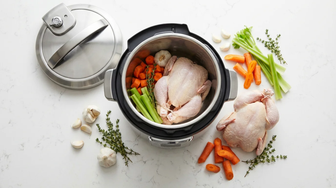 A flat lay of an electric pressure cooker with a raw chicken and vegetables.