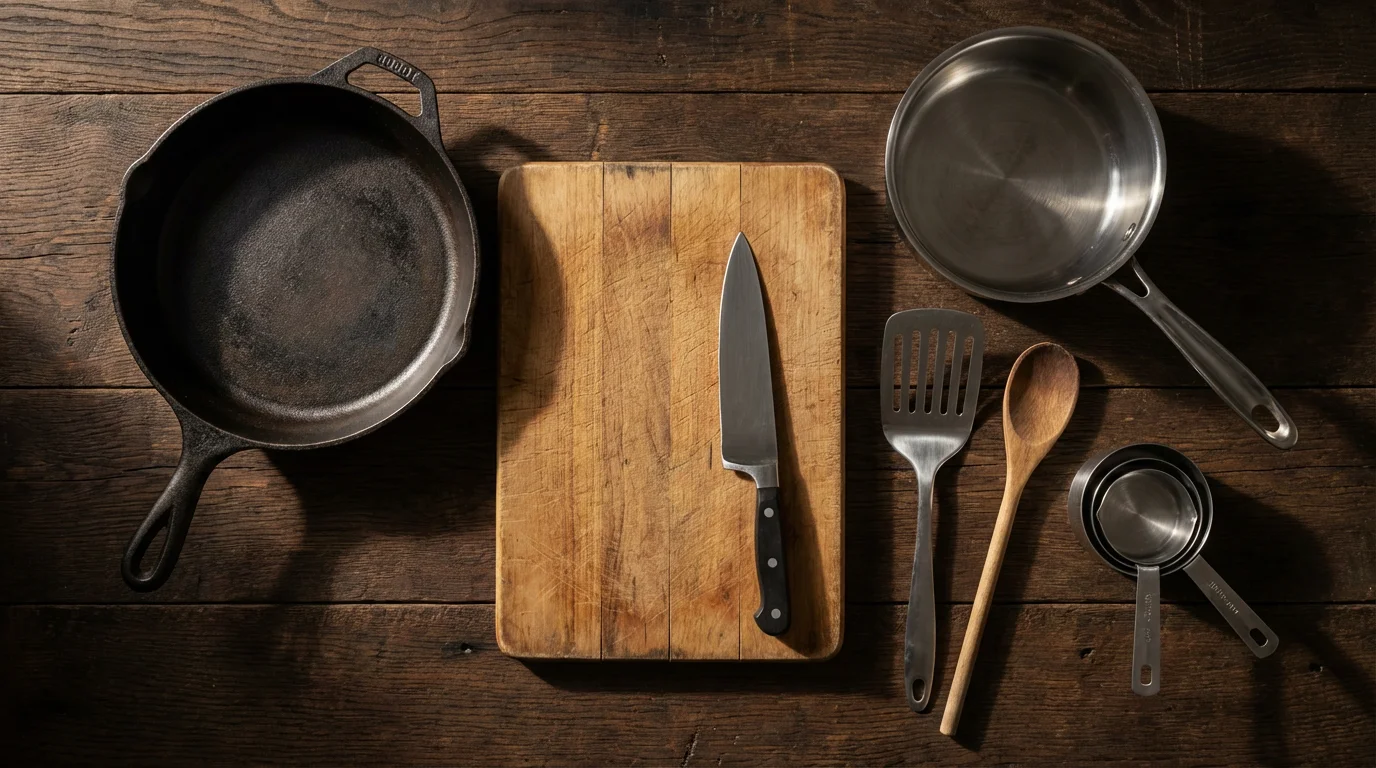 A flat lay of budget-friendly kitchen essentials like a pan, knife, and cutting board.