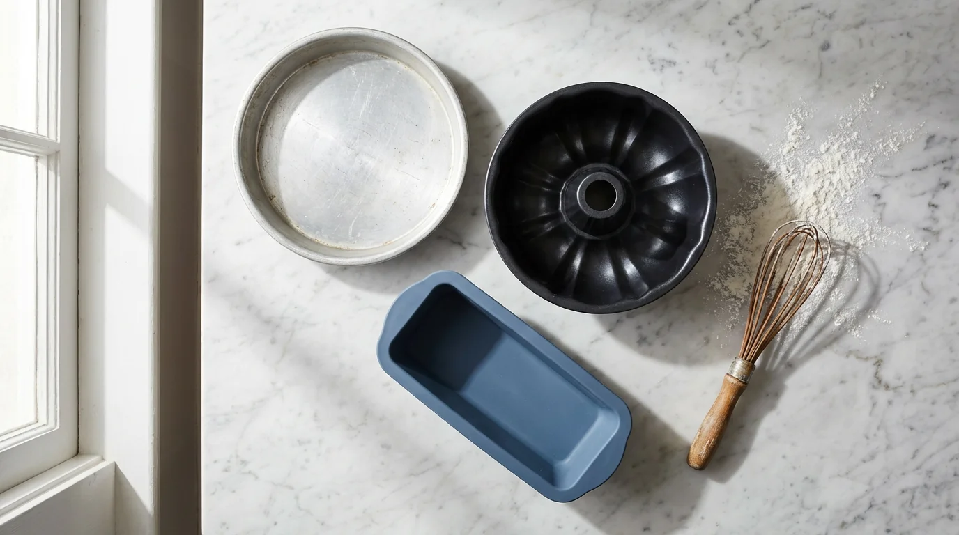 A flat lay of cake pans in different materials like aluminum and silicone.