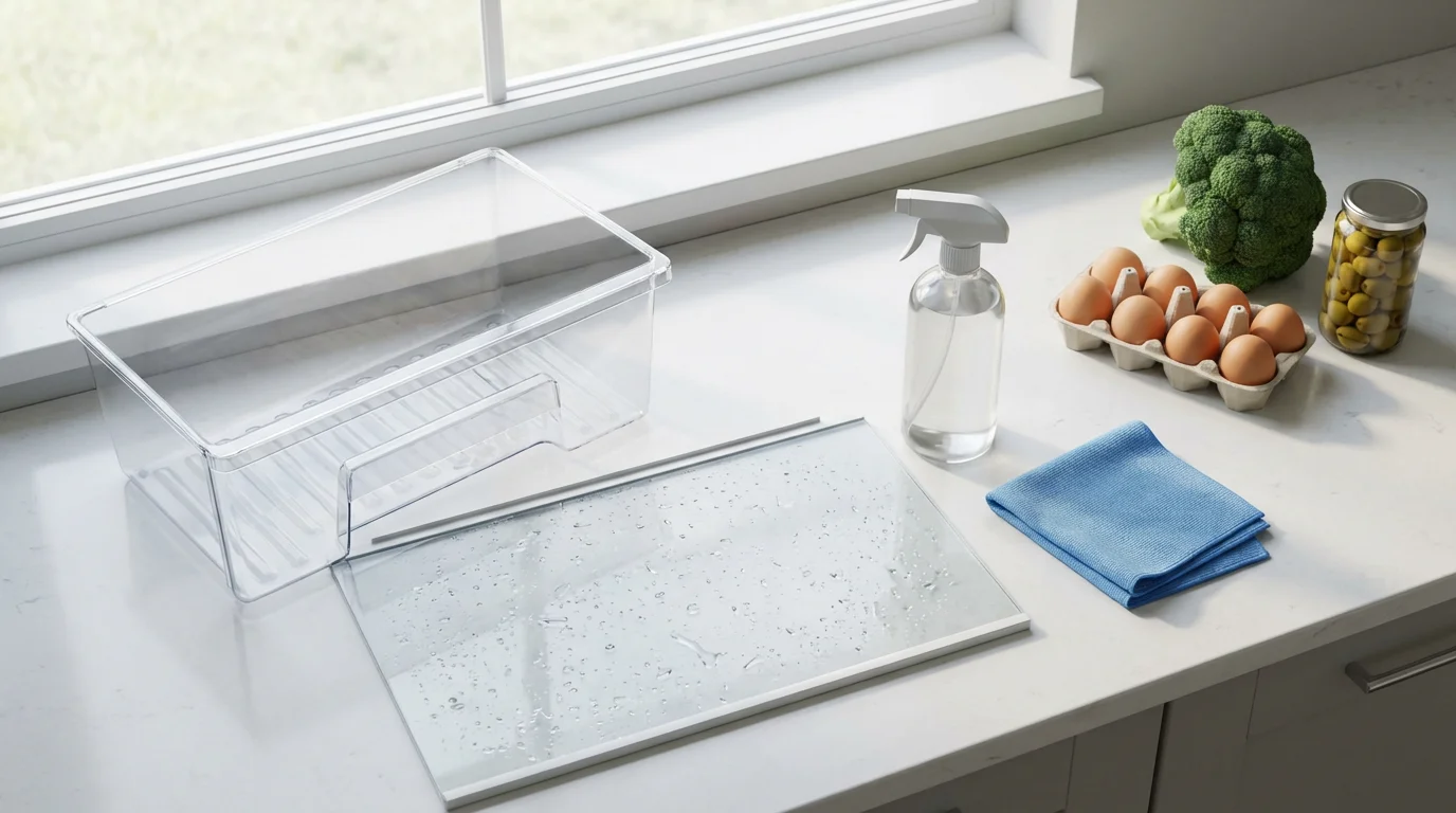 A flat lay of clean refrigerator drawers, cleaning supplies, and food on a counter.