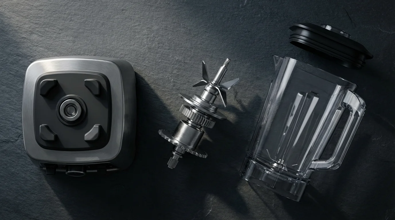 A flat lay of disassembled high-performance blender components on a dark slate background.