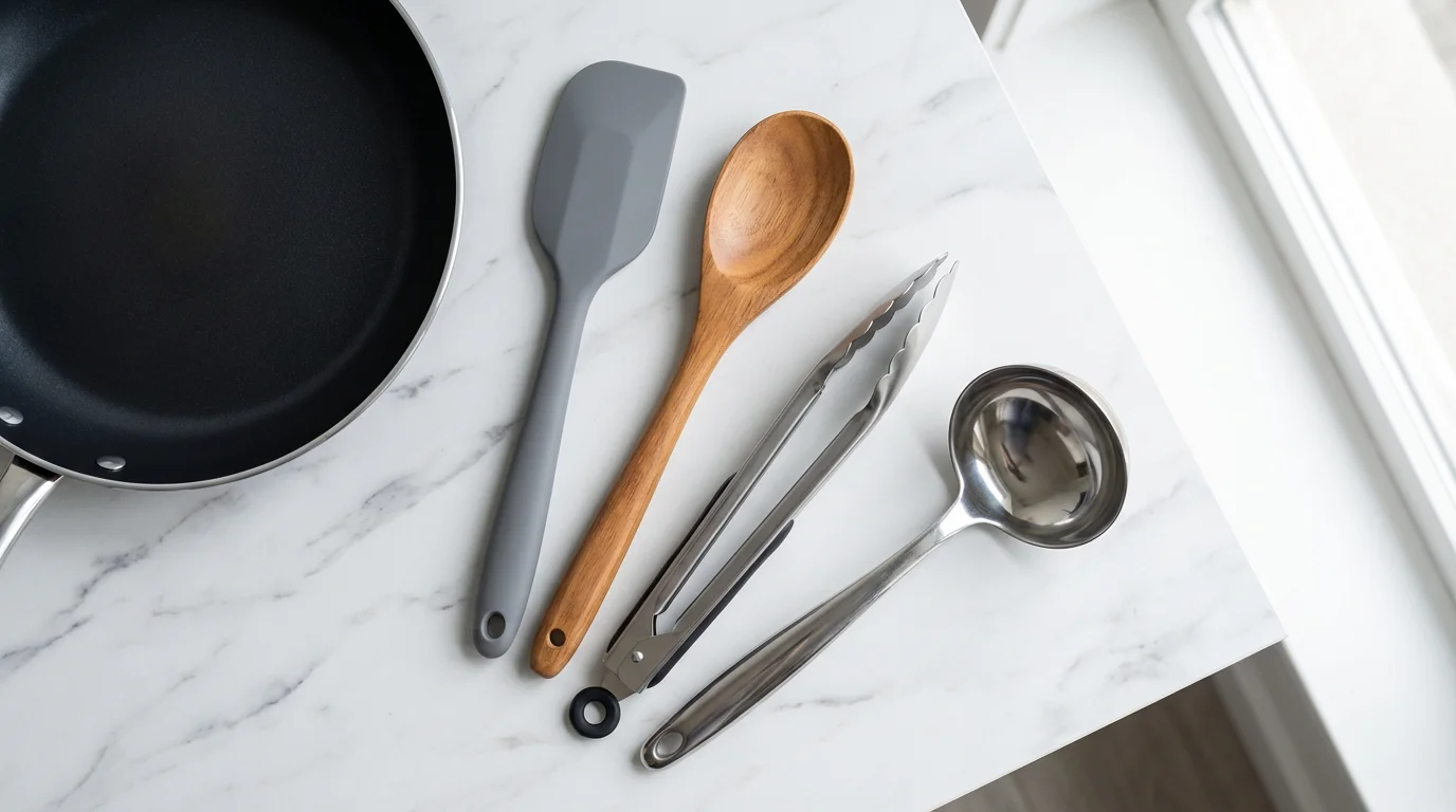 A flat lay of essential cooking utensils like a spatula, spoon, and tongs on a marble countertop.