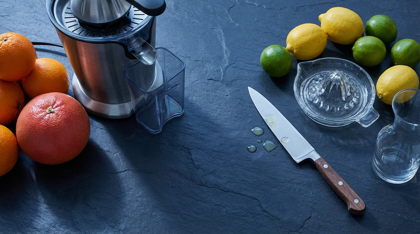 A flat lay of manual and electric juicers with grapefruits, oranges, lemons, and limes.