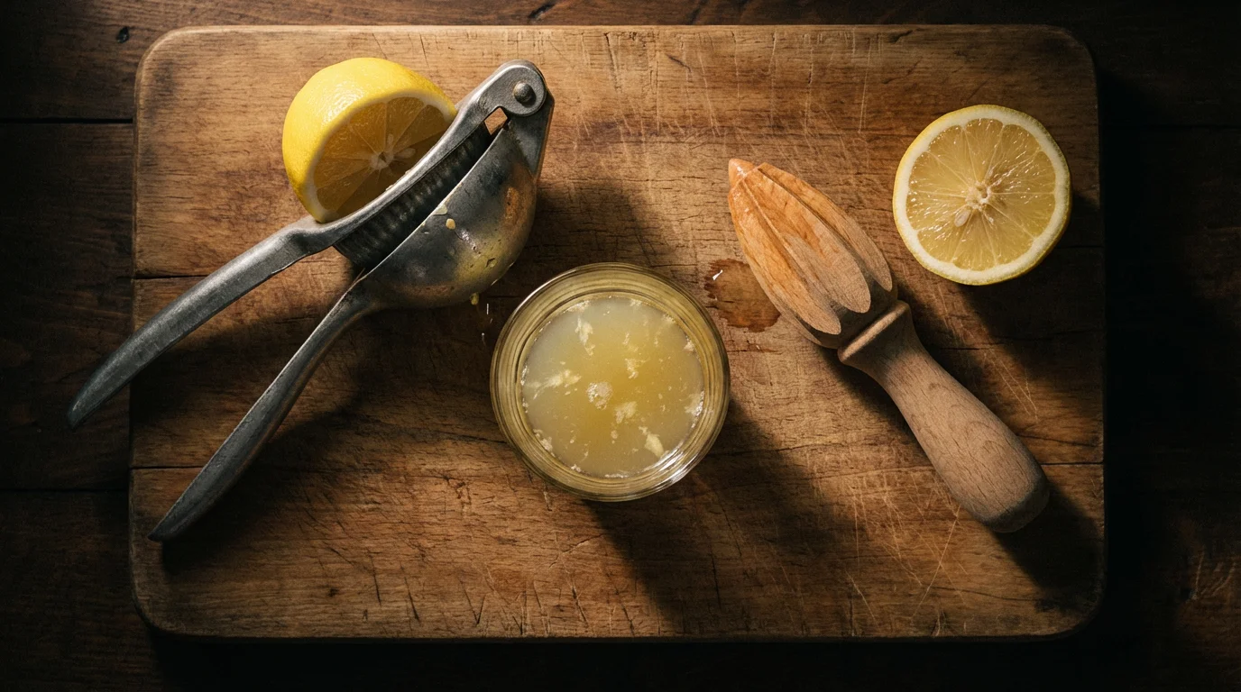 A flat lay of manual citrus juicers, including a squeezer and a wooden reamer.