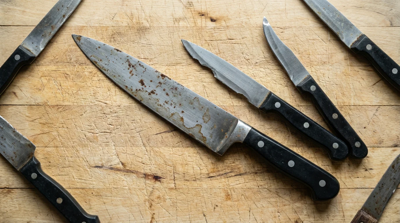 A flat lay of rusted, chipped, and damaged kitchen knives on a worn cutting board.