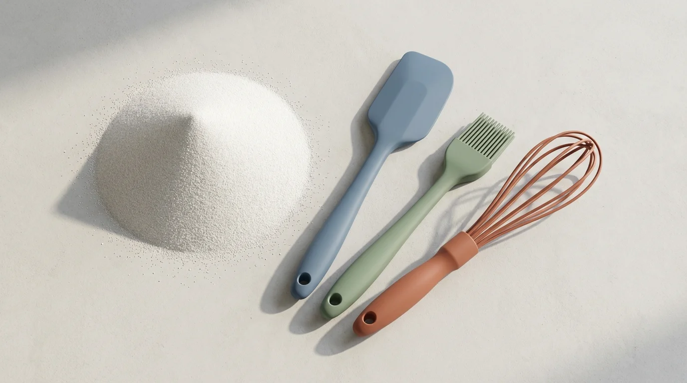 A flat lay of silicone kitchen tools arranged next to a pile of silica sand.