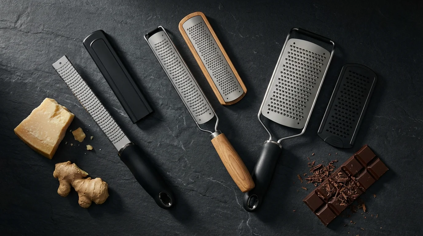A flat lay of three different microplane graters with cheese, ginger, and chocolate.