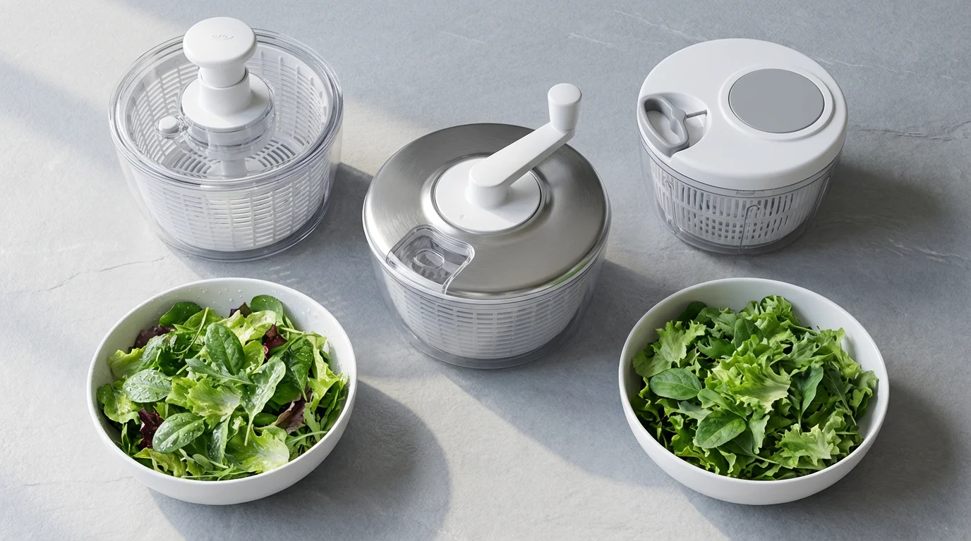 A flat lay of three different salad spinners with bowls of wet and dry lettuce.