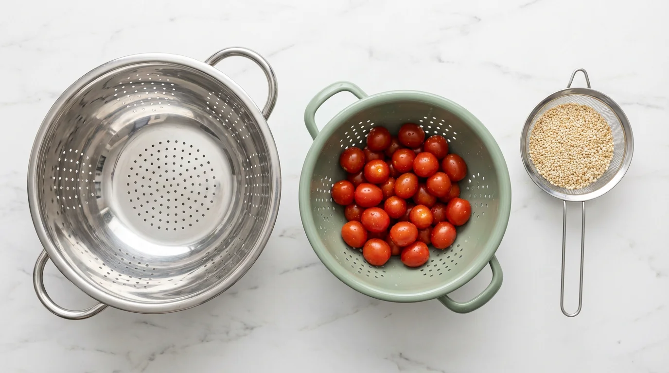 A flat lay of three different sized colanders and strainers on a marble surface.