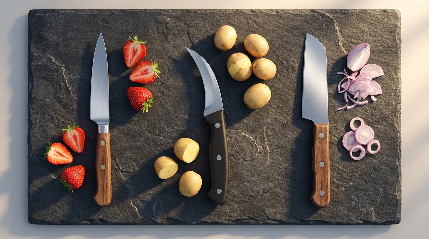 A flat lay of three paring knife blade types on a slate board.
