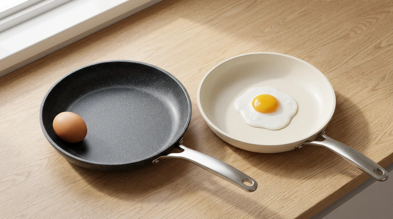 A flat lay of two non-stick pans, one ceramic and one PTFE, on a wooden surface.
