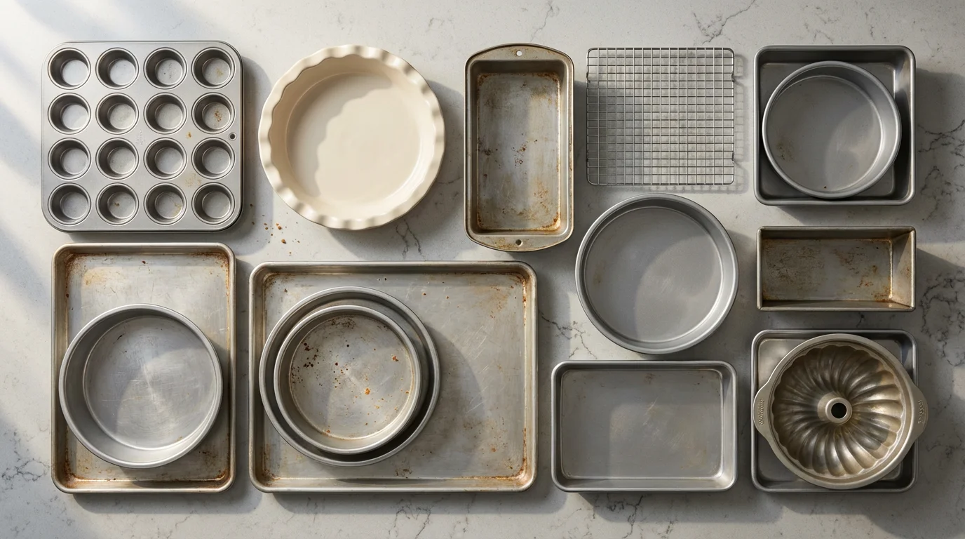 A flat lay of various bakeware items like pans and tins on a counter.