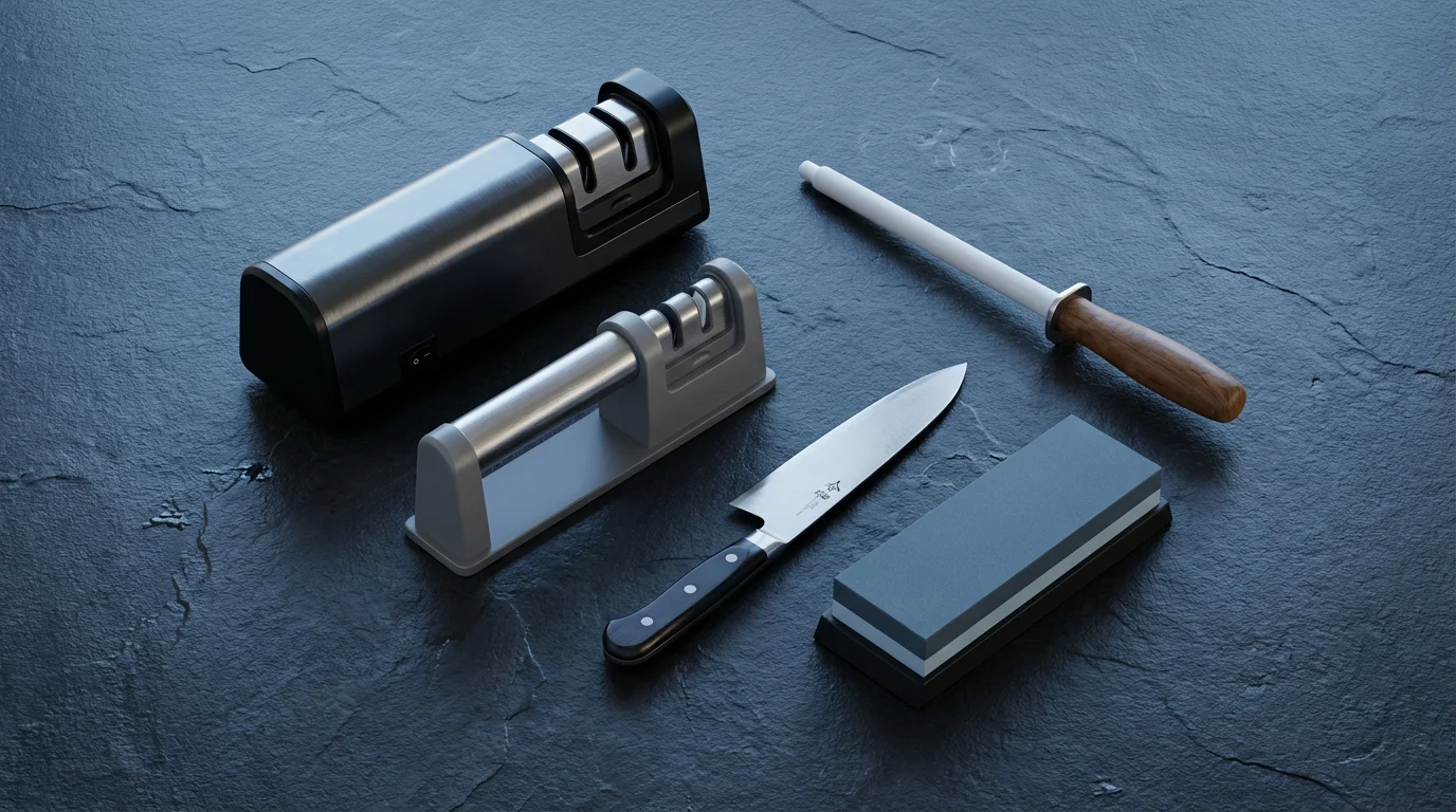 A flat lay of various knife sharpeners, including electric, manual, and a whetstone.