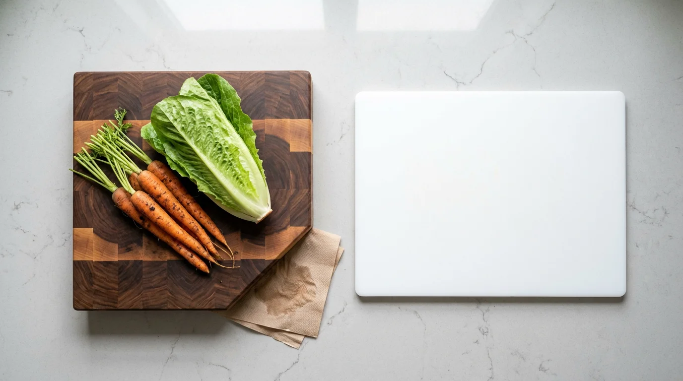 A flat lay of wooden and composite cutting boards with fresh vegetables on one.